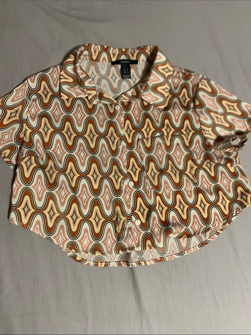 Forever 21 Retro Geo Print Short Sleeve Button-Up Top - Multi Brown